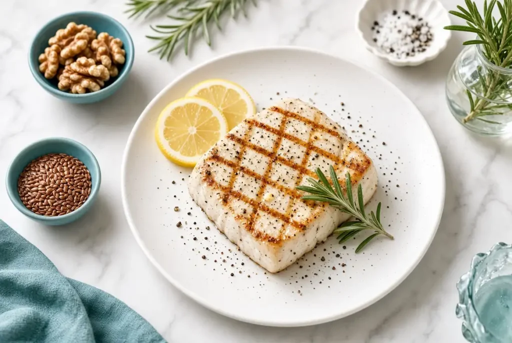 Grilled marlin fish steak plated, illustrating marlin fish nutrition facts