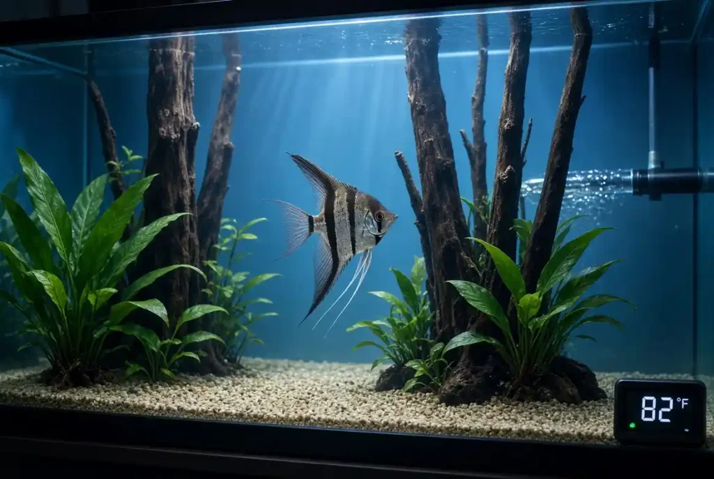 Tall planted aquarium tank setup showing ideal water conditions for angelfish