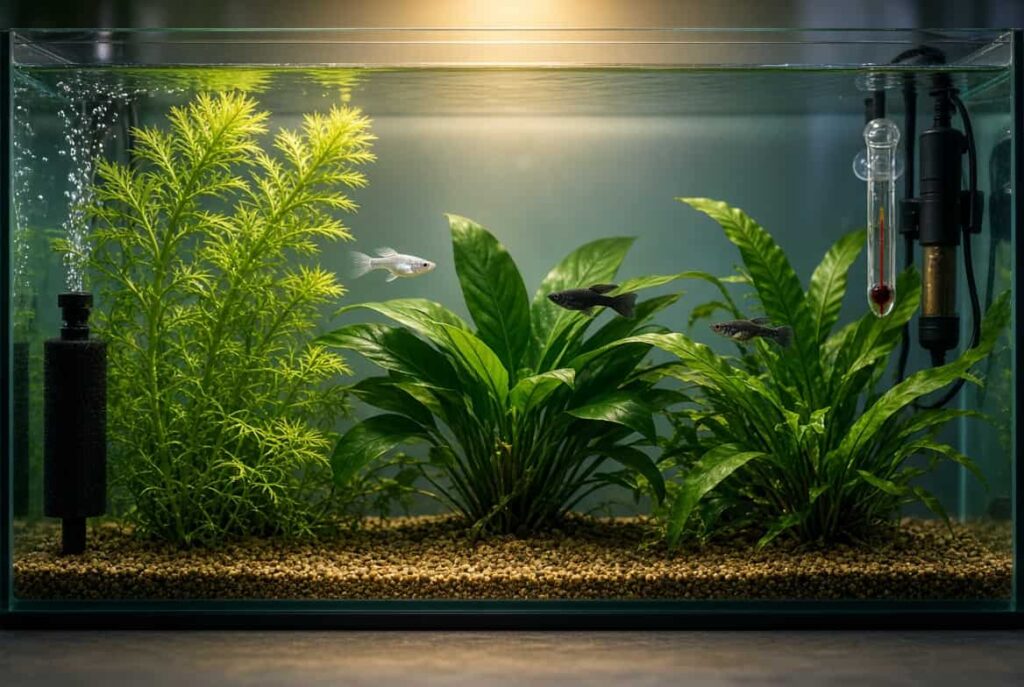 Freshwater aquarium tank setup with heater, filter, and plants for mollies fish