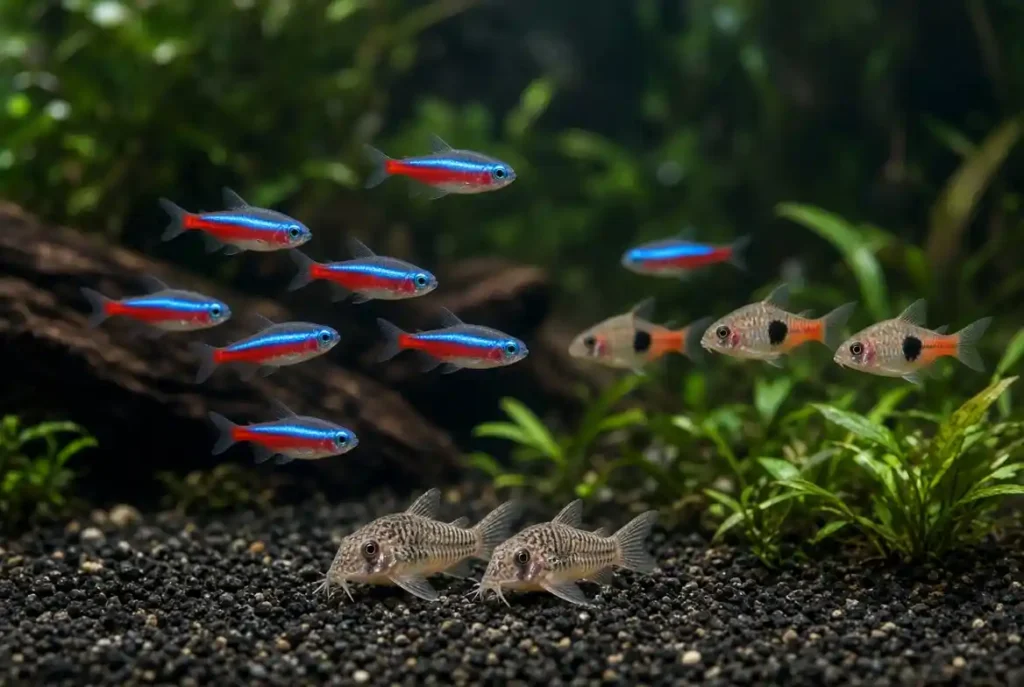 Neon tetra fish swimming with compatible tank mates in community aquarium