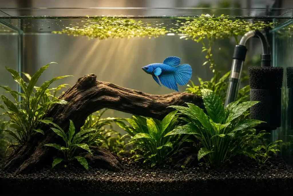 "Planted 5 gallon betta fish tank setup with heater, filter, and live plants"