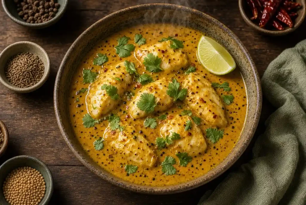 Basa fish curry in coconut sauce garnished with cilantro and lime in ceramic bowl