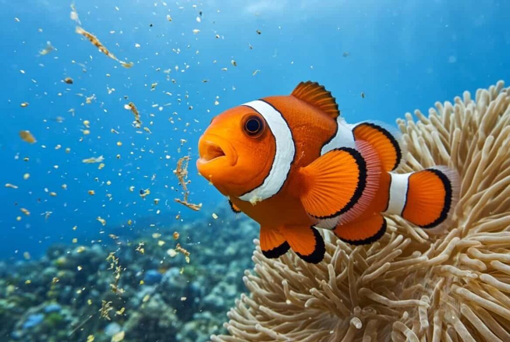 "Clownfish feeding on zooplankton and algae near its sea anemone home"
