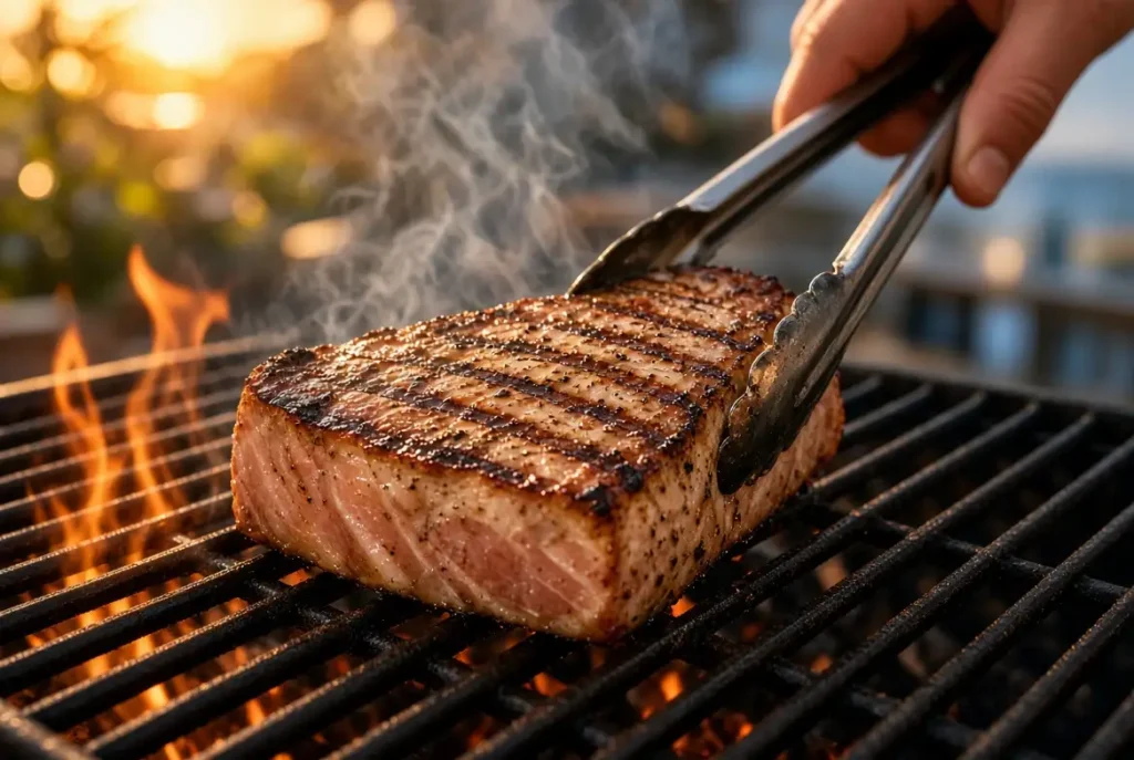 Marlin fish steak being grilled, showing how to cook marlin fish