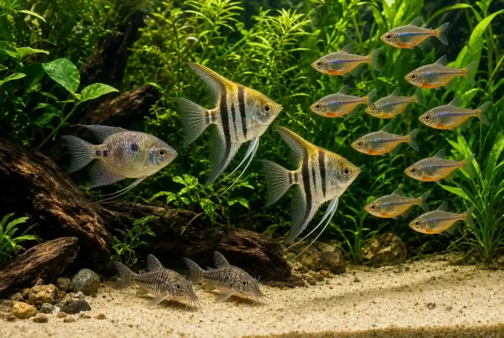 Angelfish swimming with compatible tank mates including tetras and corydoras in a community aquarium