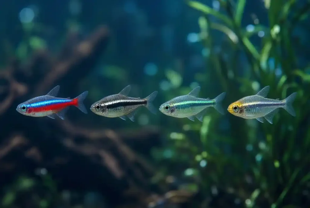 Different neon tetra fish color varieties including black and green neon tetra