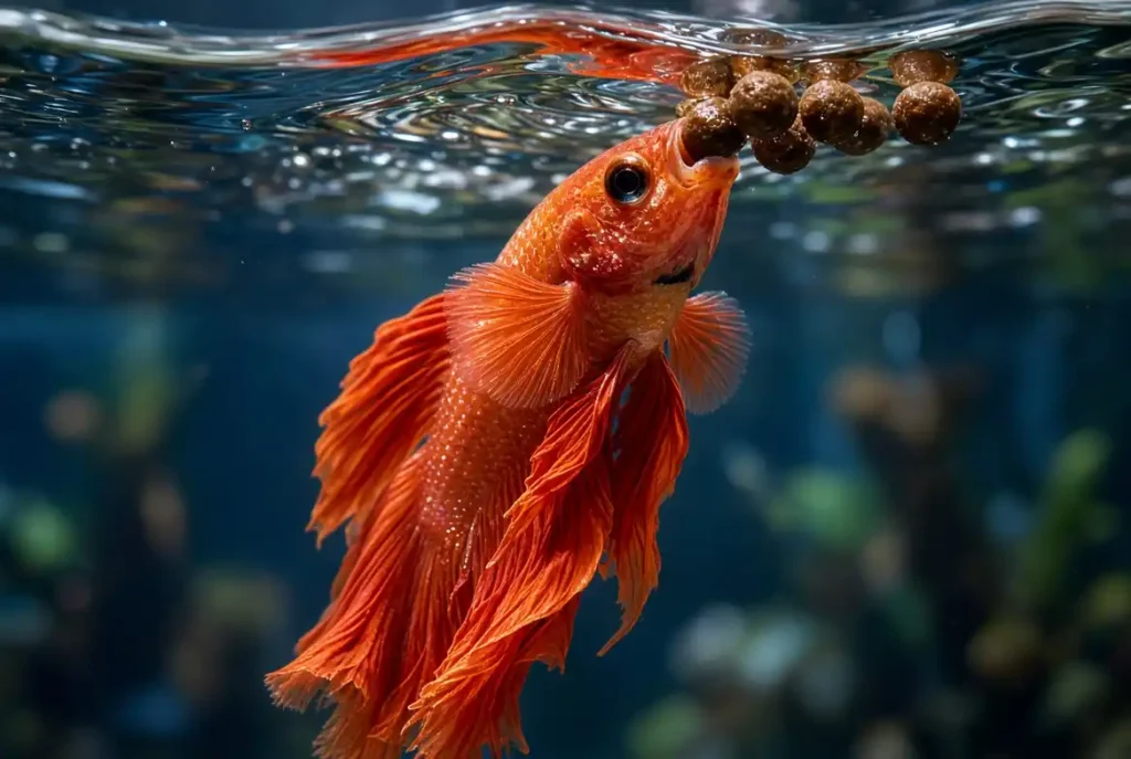 "Orange betta fish feeding on floating pellets at water surface"