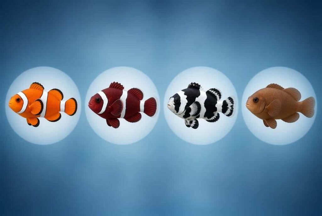 "Four different types of clownfish including Ocellaris, Maroon, Picasso, and Mocha clownfish varieties"