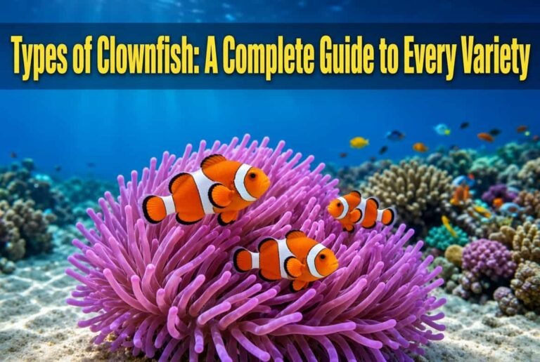 "Types of clownfish guide featuring orange Ocellaris clownfish swimming in a sea anemone on a coral reef"