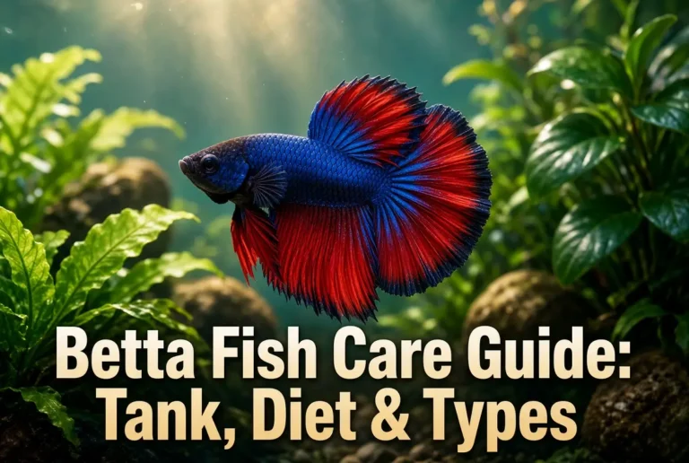 "Blue and red betta fish care guide banner showing tank, diet, and types"