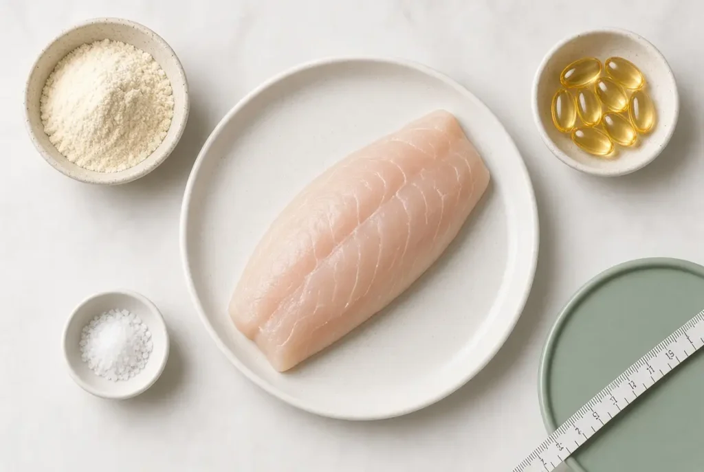 Raw basa fish fillet with nutrition measurement props showing protein and calorie content