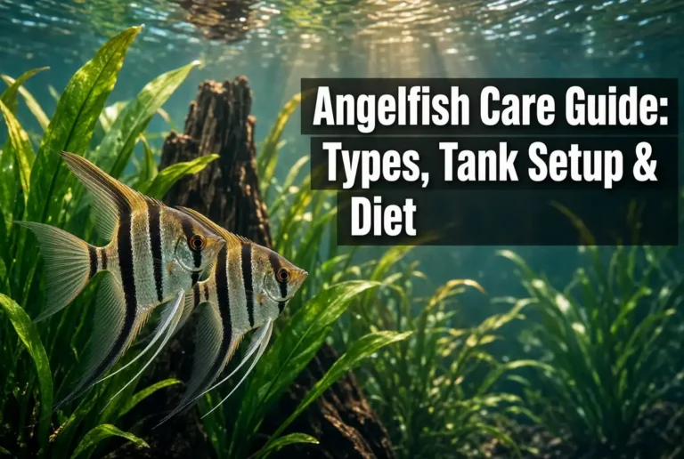 Angelfish care guide banner showing colorful freshwater angelfish swimming in a planted aquarium