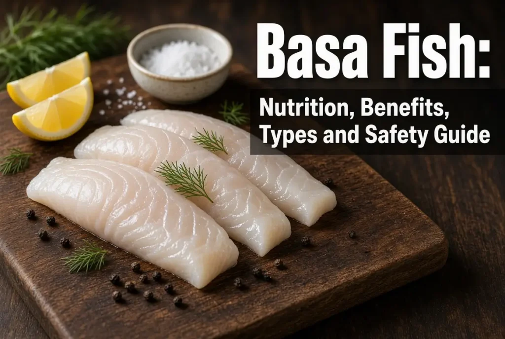 Fresh basa fish fillets on wooden board with lemon and herbs, banner for basa fish nutrition and benefits guide