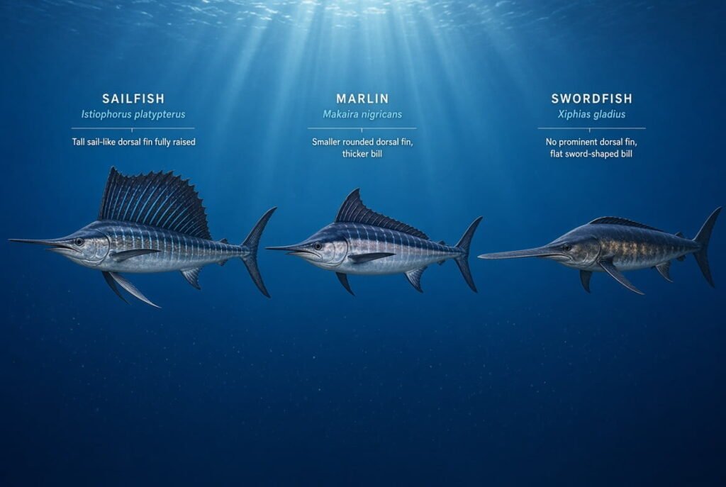 Side by side comparison of sailfish marlin and swordfish showing dorsal fin and bill differences