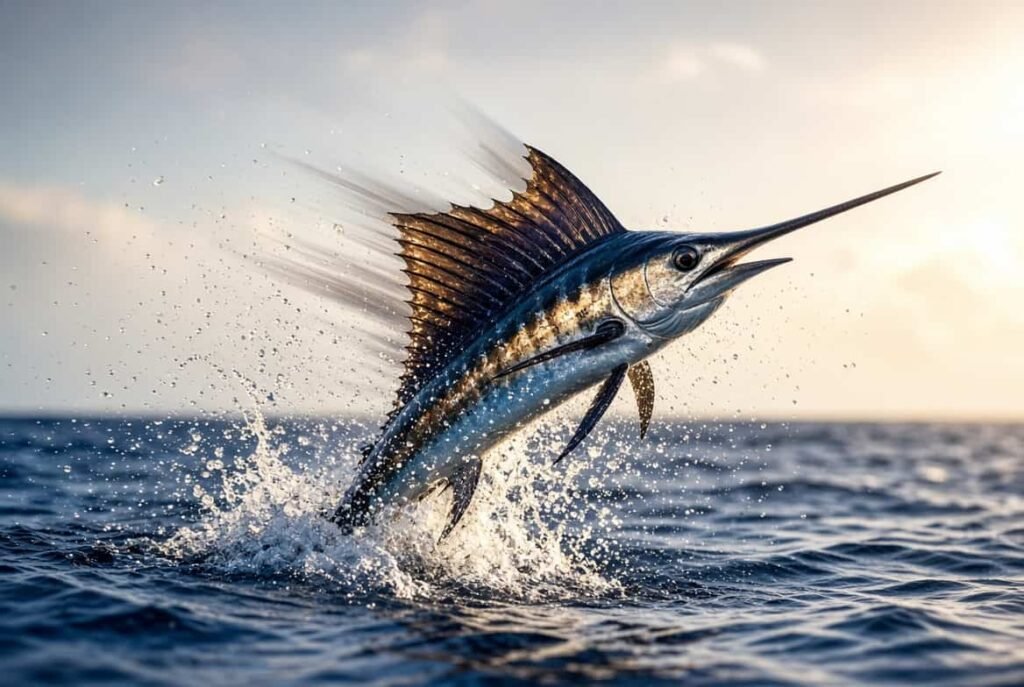 Sailfish leaping out of the ocean at high speed demonstrating its record breaking swimming speed