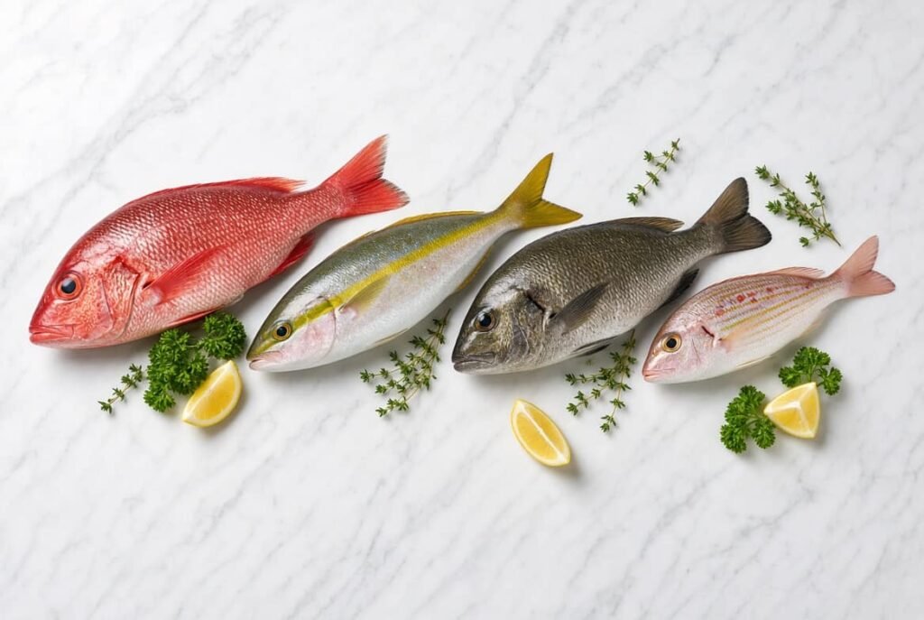 Different types of snapper fish species including red, yellowtail, and mangrove snapper