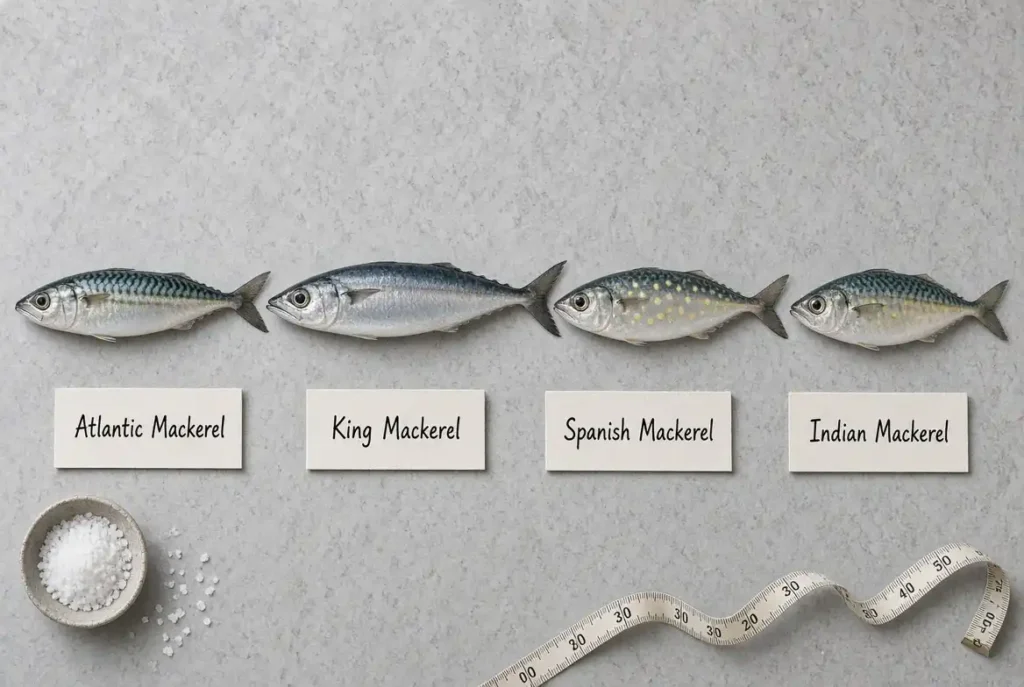 Four types of mackerel fish including Atlantic, King, Spanish, and Indian mackerel compared side by side
