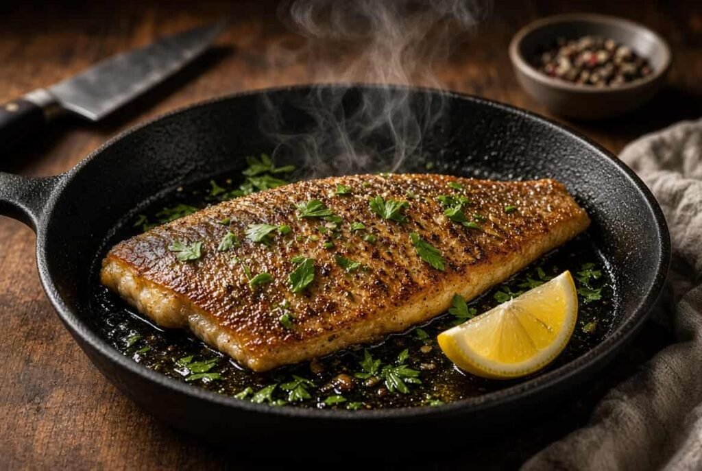 Pan fried crispy snapper fish fillet in cast iron skillet with lemon and herbs