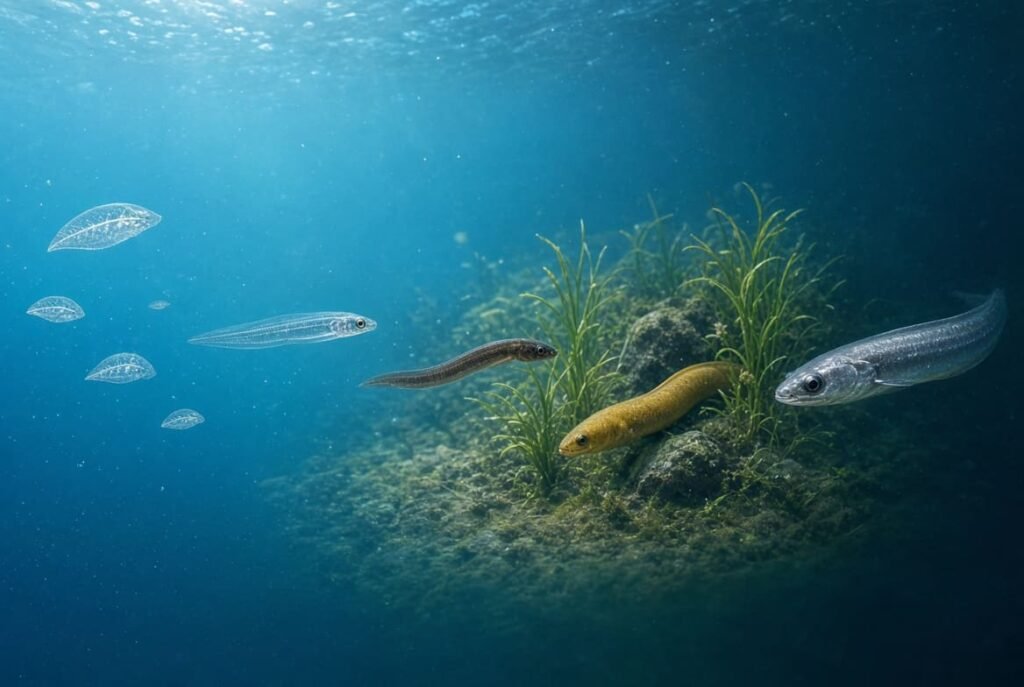 Eel fish life cycle stages from glass eel to silver eel migration
