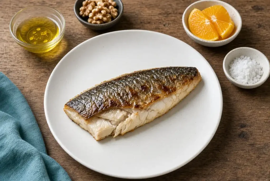 Cooked mackerel fillet plated with natural ingredients representing omega-3 and nutrition benefits
