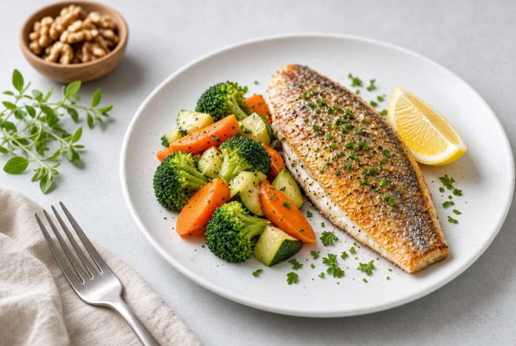 Healthy cooked snapper fish fillet plated with vegetables showing nutrition benefits