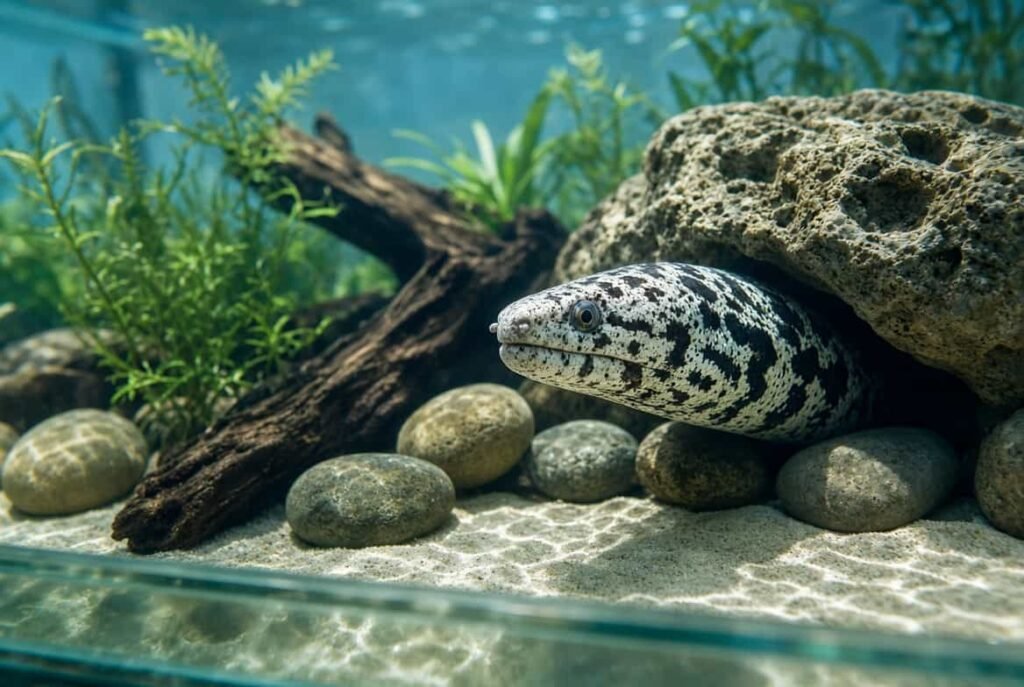 Snowflake eel in home aquarium tank setup with rocks and driftwood