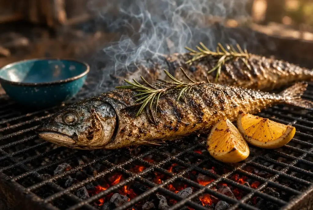 Whole mackerel fish grilling on charcoal barbecue with char marks and herb garnish, how to cook mackerel