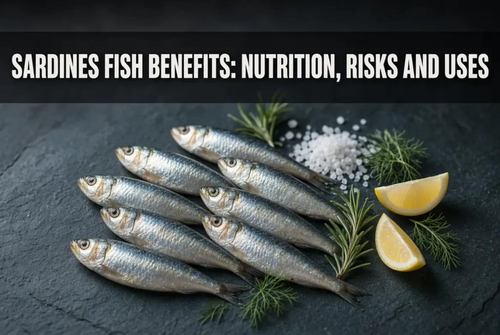 Fresh sardines fish on slate board showing nutrition, risks and health benefits