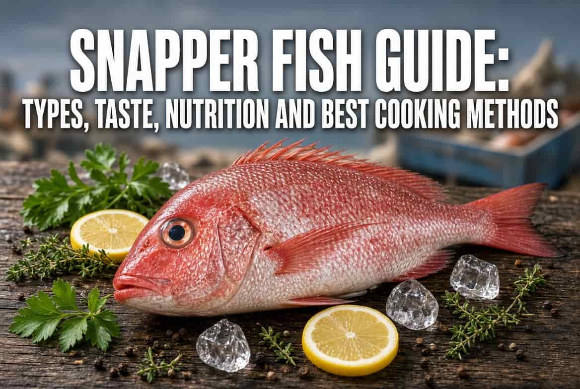 Fresh whole red snapper fish on wooden table with lemon and herbs, snapper fish guide banner