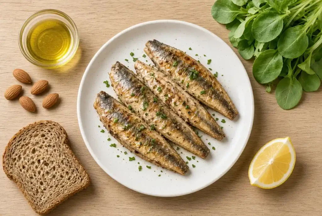 Sardines fish nutrition plate with omega 3 fatty acids and protein sources