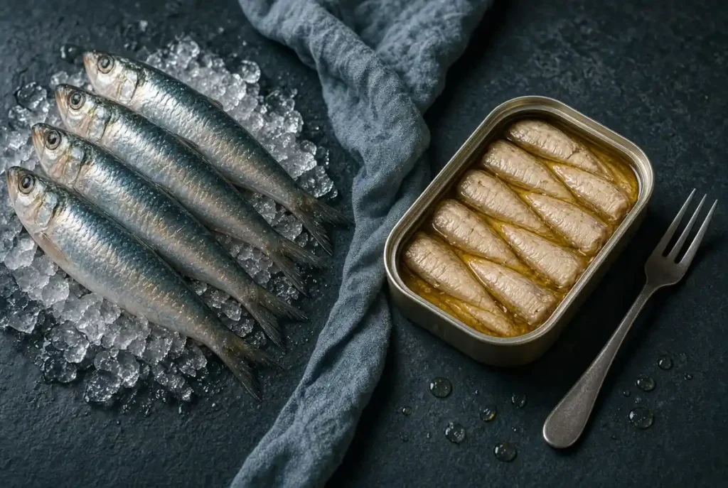 Fresh sardines fish compared with canned sardines fish in a tin