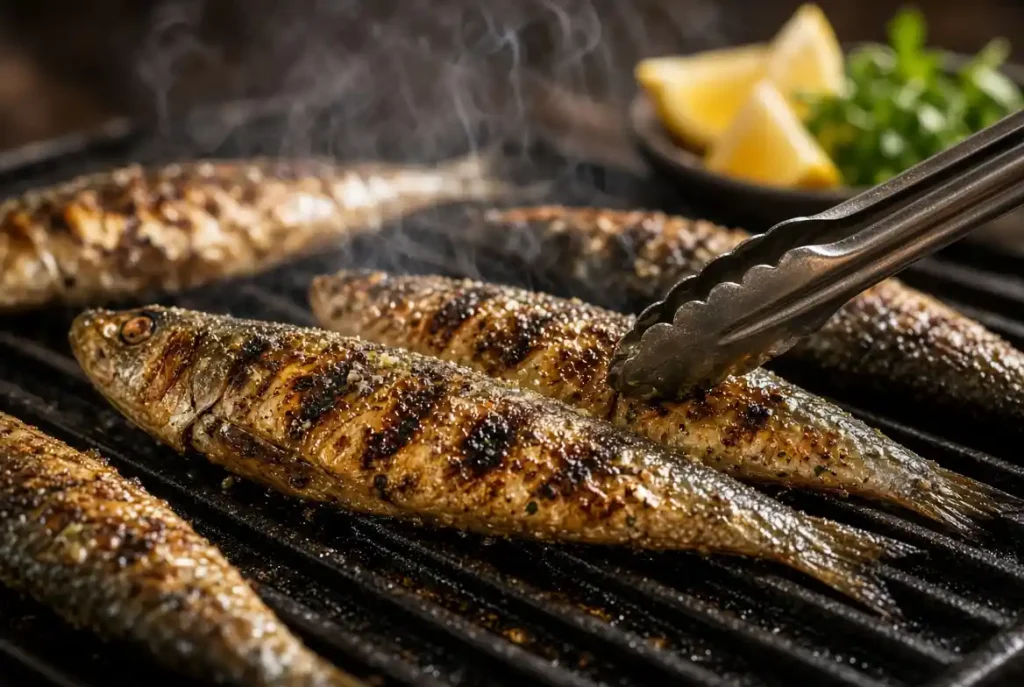 Grilled sardines fish cooking on a charcoal grill with lemon garnish