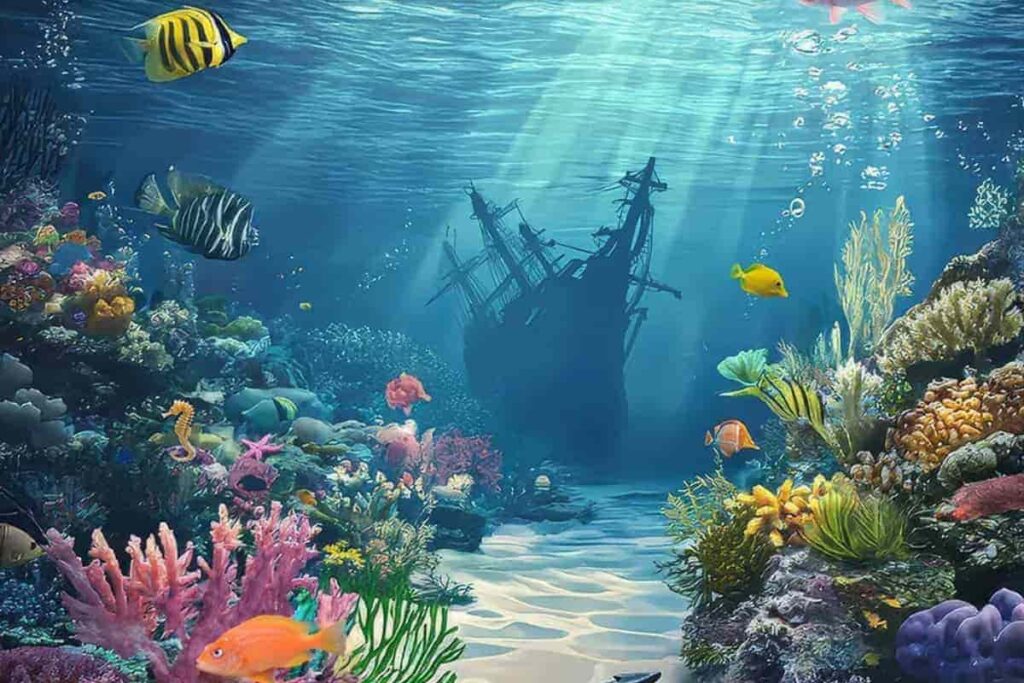 Saltwater fish such as sailfish, marlin, clownfish and shark in ocean habitat