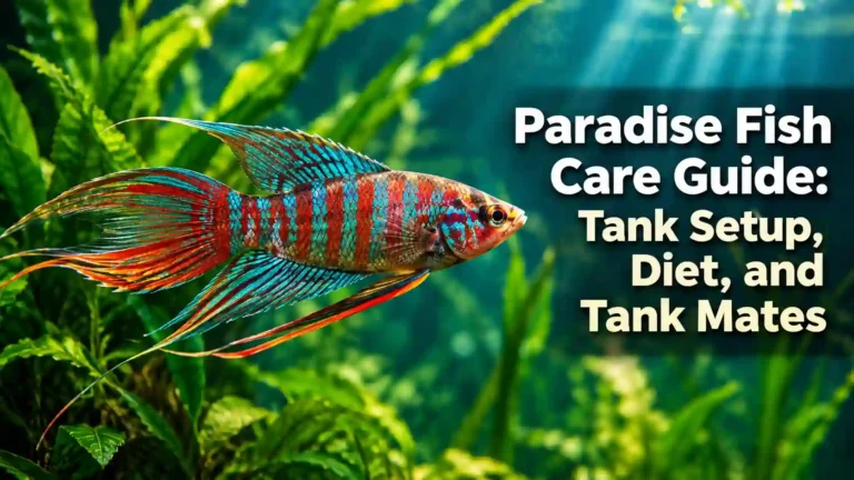 Colorful Paradise Fish swimming in a planted freshwater aquarium, banner for a paradise fish care guide