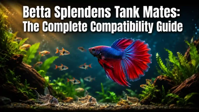 Betta splendens swimming with peaceful tank mates in a planted community aquarium