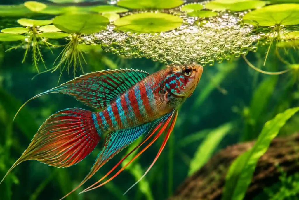 Male Paradise Fish guarding a bubble nest during breeding in an aquarium
