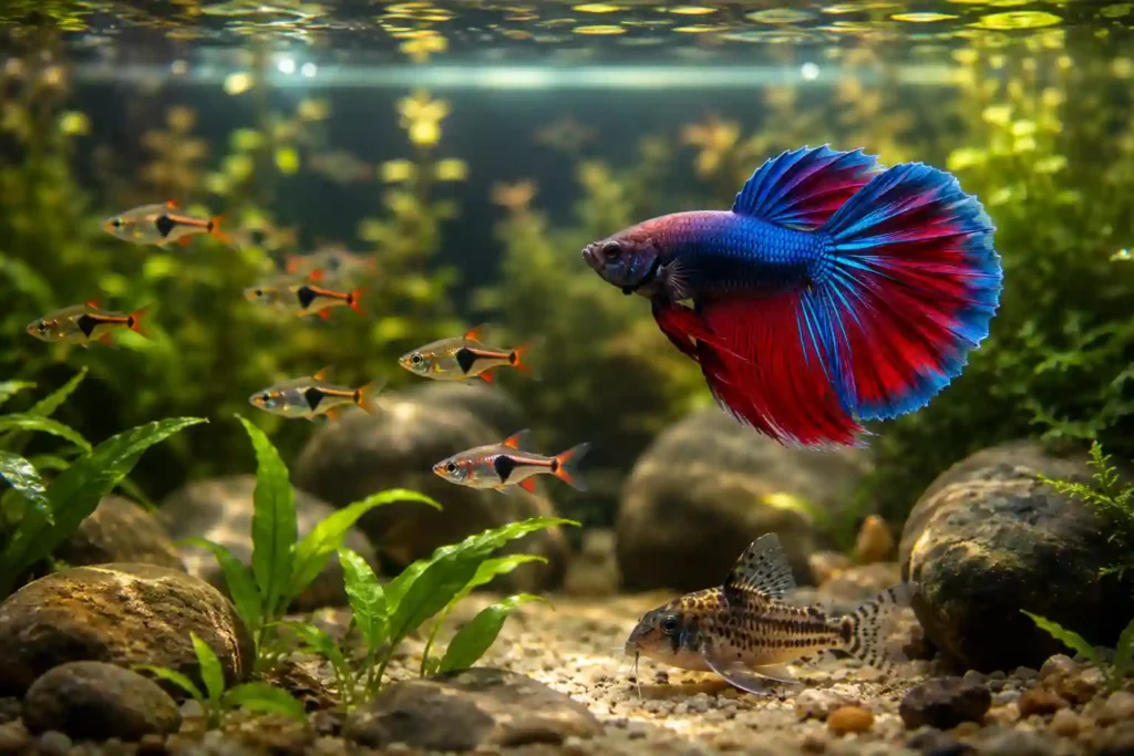 Betta splendens swimming calmly with harlequin rasboras and corydoras catfish tank mates