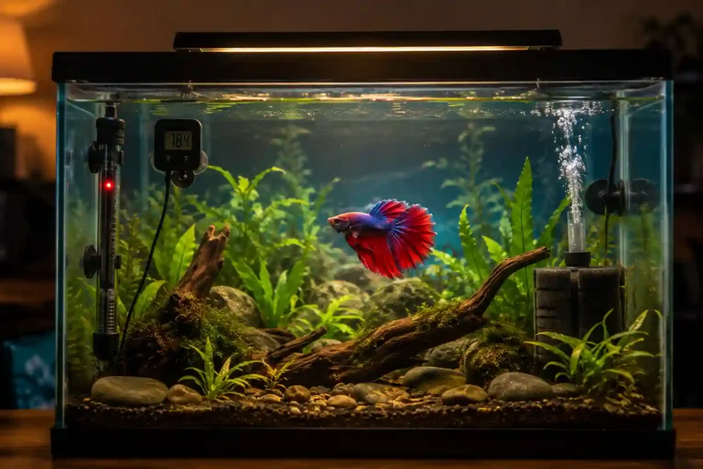 Betta fish tank with heater, thermometer, and sponge filter for stable water temperature
