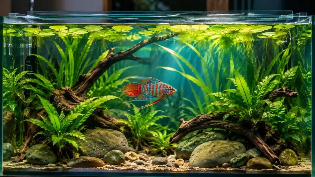 Planted freshwater aquarium tank setup idea for keeping Paradise Fish