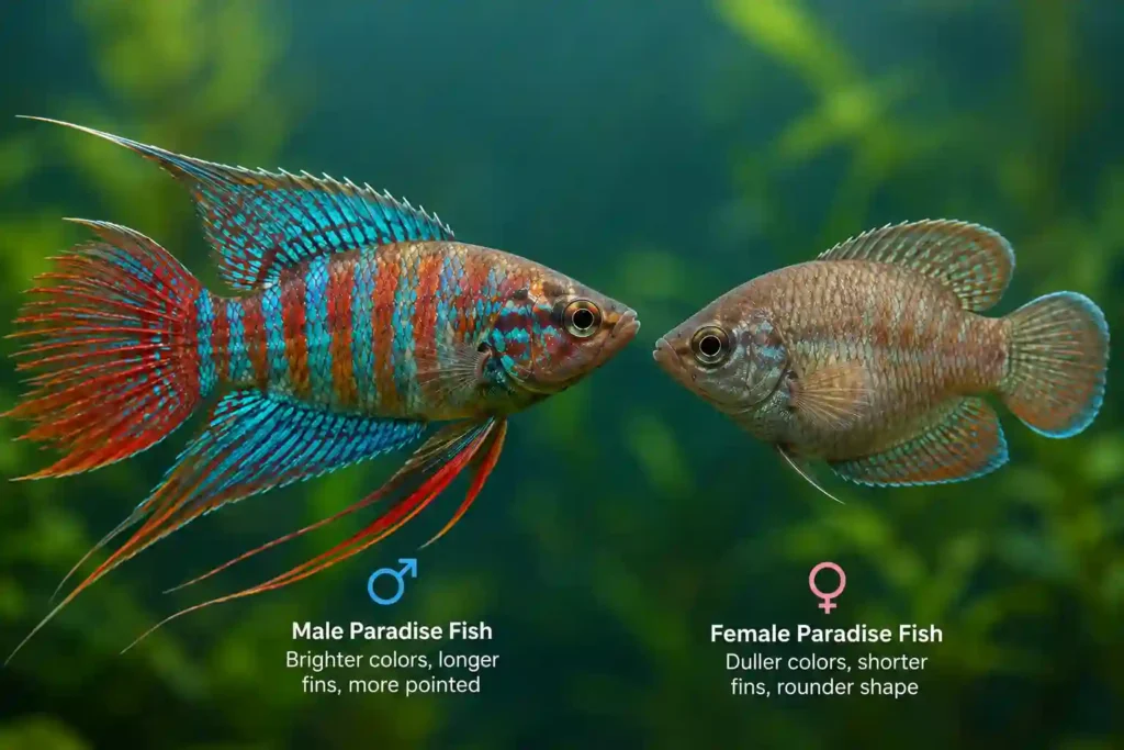 Male and female Paradise Fish showing color and fin differences in an aquarium