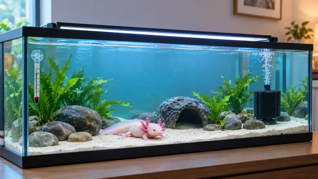 Twenty gallon long axolotl tank setup with sponge filter and sand substrate