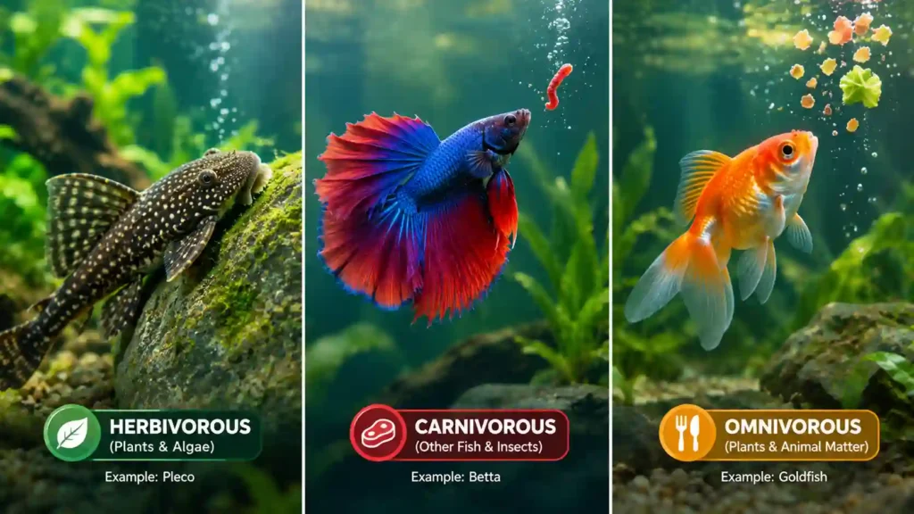 Herbivore, carnivore, and omnivore fish feeding, showing the three fish diet types