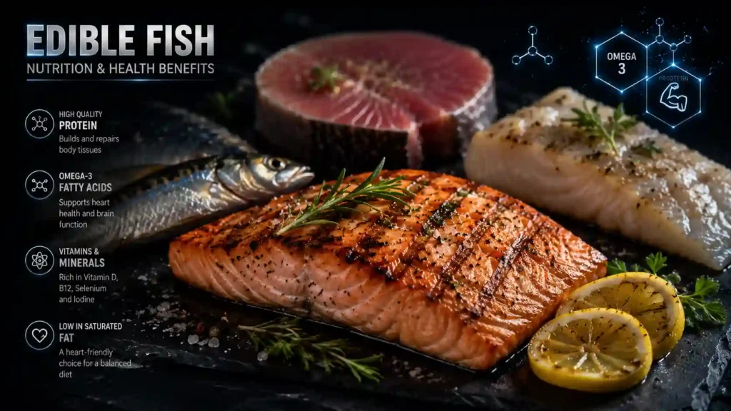 Grilled salmon and edible fish species rich in omega 3 and protein