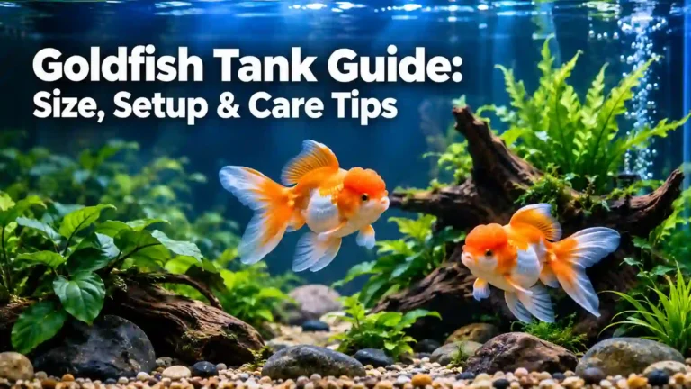 Goldfish tank guide banner showing fancy goldfish swimming in a well-planted aquarium