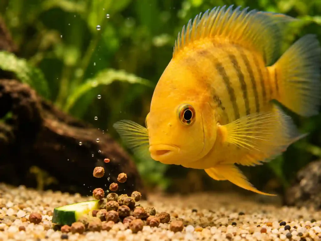 Severum cichlid feeding on pellets and vegetables in aquarium