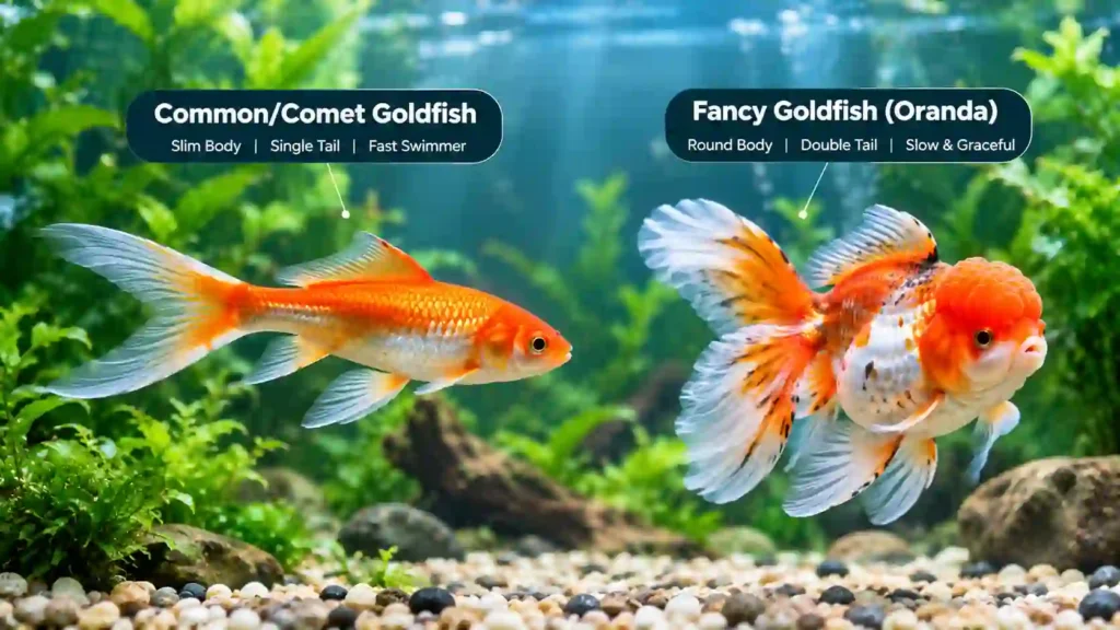 Side-by-side comparison of slim common goldfish and round-bodied fancy goldfish