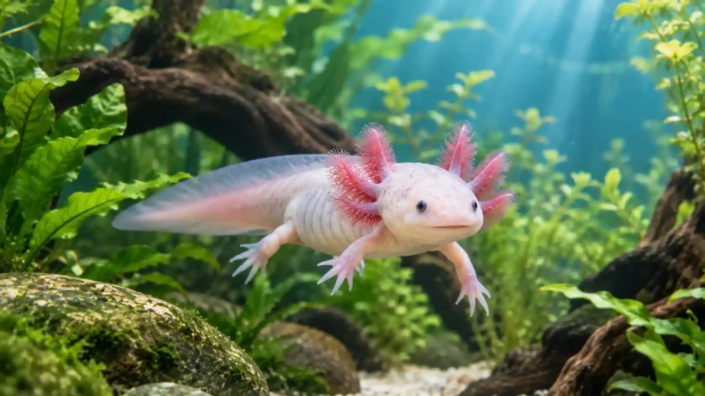 Mature axolotl in established aquarium representing long term pet care