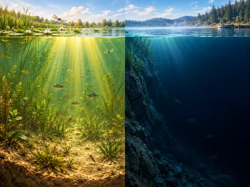 Cross-section diagram showing sunlight reaching the bottom of a shallow pond versus fading into a lake's dark aphotic zone