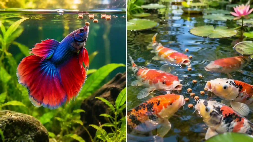 Betta fish and koi fish feeding, comparing betta fish food and koi fish food