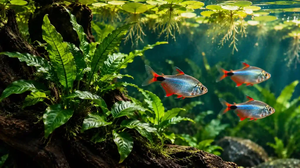 Buenos Aires tetras swimming near Java fern, anubias, and floating plants that resist plant eating